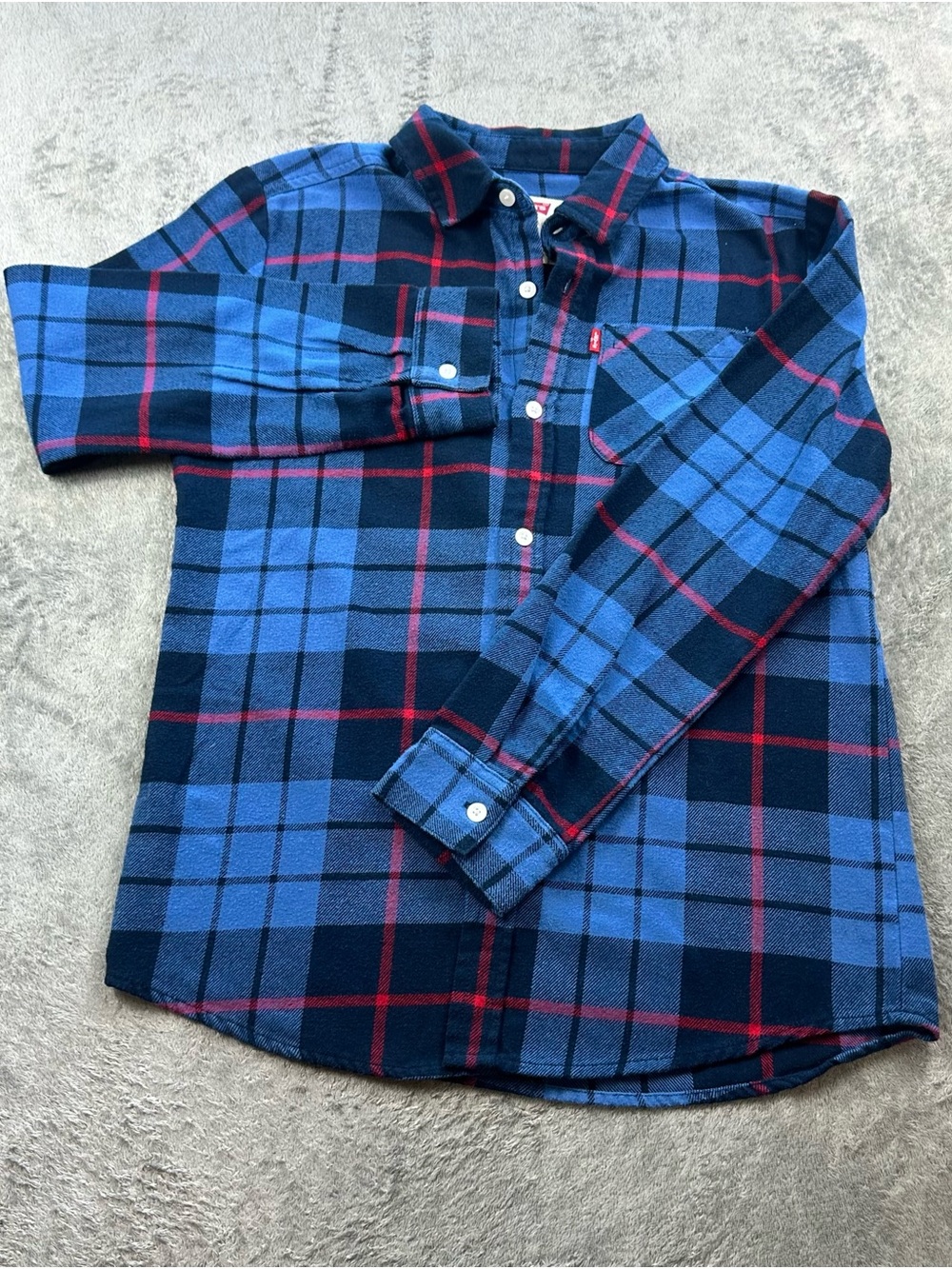 Levi's Blue Navy Plaid Button-Down Shirt with Red Accents